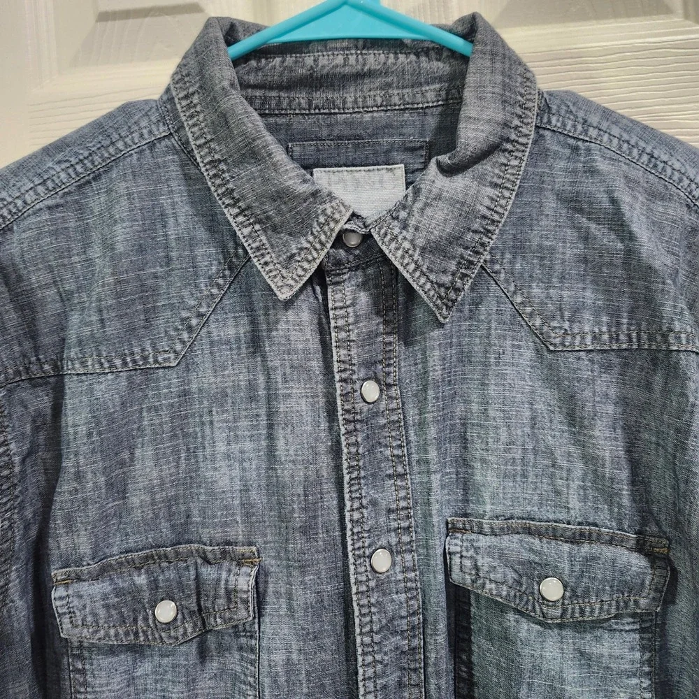 PD&C Mens Denim Western Shirt Blue Pearl Snap Roll Tab PW9ZA0BD Medium